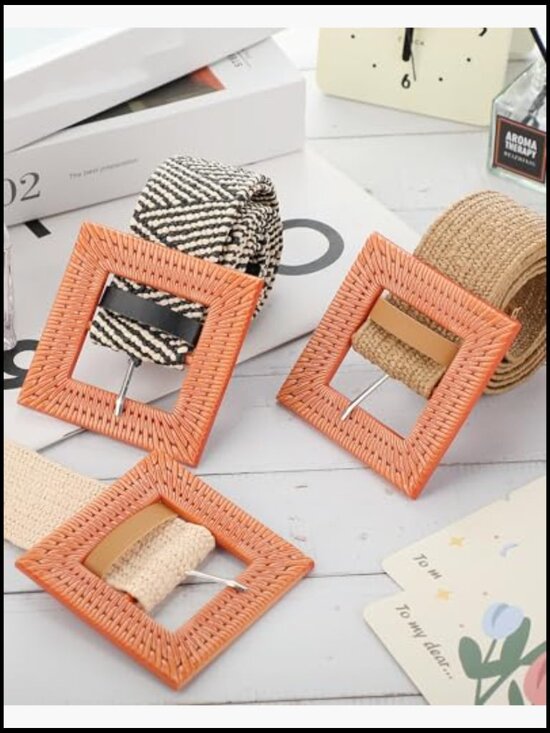Straw Woven Elastic Stretch Raffia Belt Rattan Buckle Boho main image 7